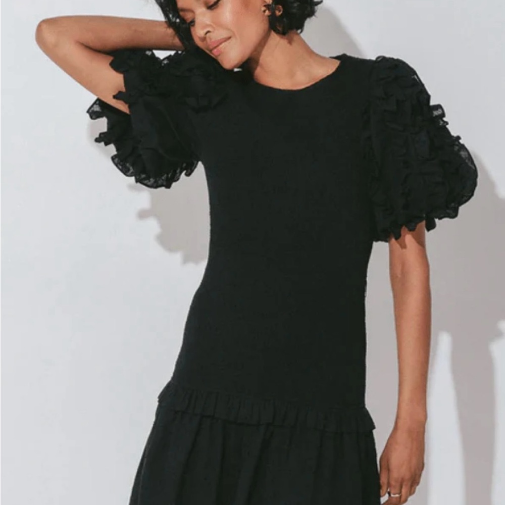 NWT- Cleobella Colette Black Puff Sleeve Ruffled Mini Dress. Size Small.